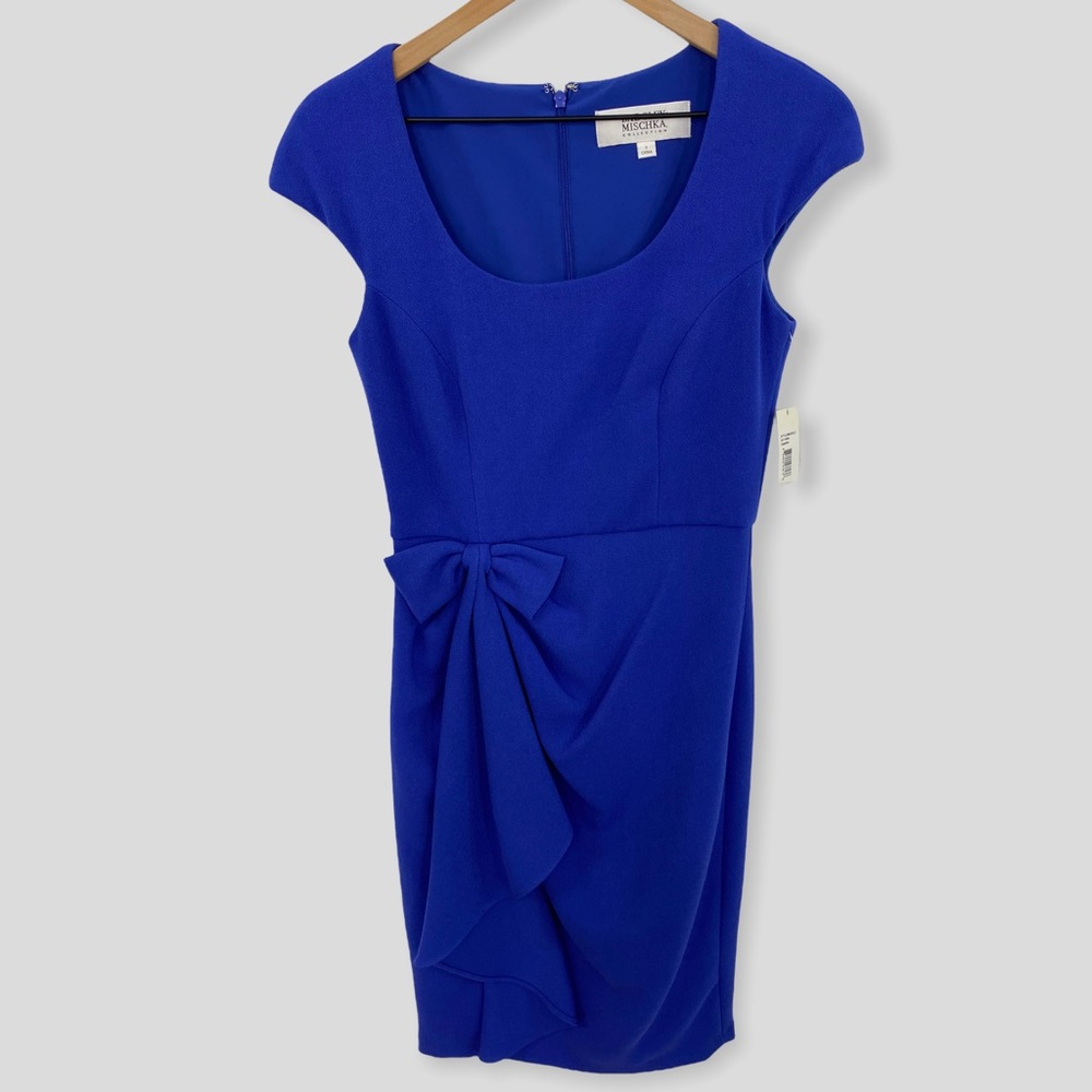 Badgley Mischka Blue Sleeveless Dress with Bow Ruffle Detail NWT